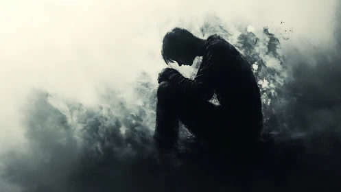Silhouetted figure sits curled amid dissolving dark smoke