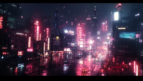 Rain-soaked neon cyberpunk city street at night scene.