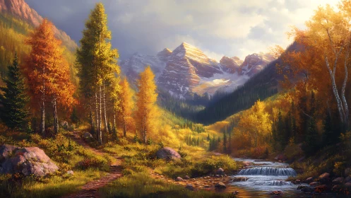 Golden autumn valley with alpine peaks and winding stream.