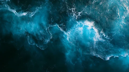 Turbulent teal ocean surface captured in high-contrast aerial view