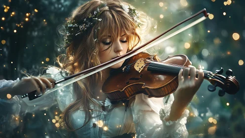 Forest violinist playing in glowing magical bokeh light.