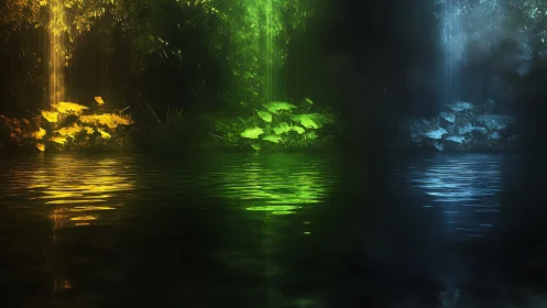 Tricolor luminous forest pool with spectral foliage reflections