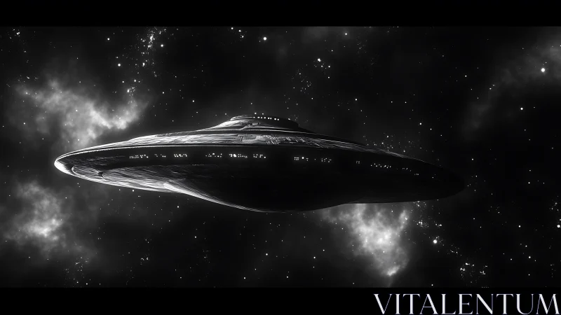 Elliptical starship hull cuts across nebular field in deep space