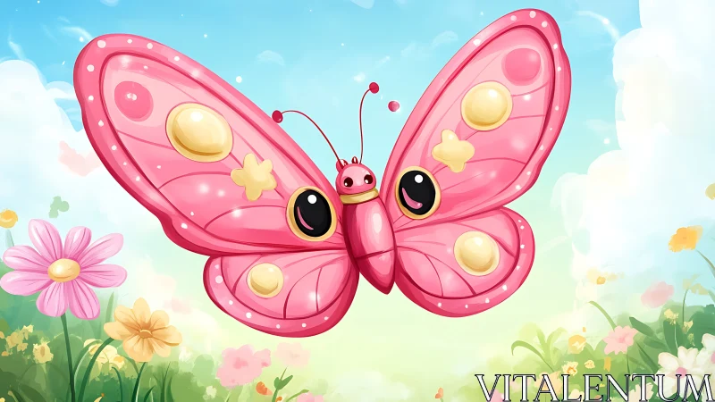 Pink cartoon butterfly with patterned wings in meadow.