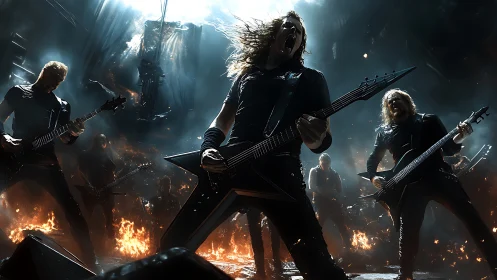 Metal guitarist leads blazing stage performance in chaos.