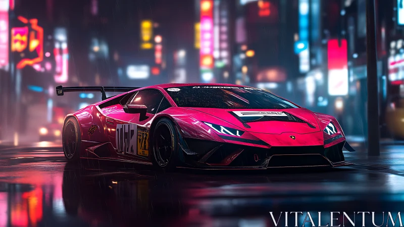Neon-soaked supercar poised on rain-slick cyberpunk street.