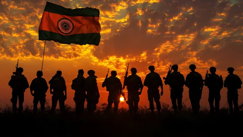 Indian soldiers silhouetted at sunset with raised national flag