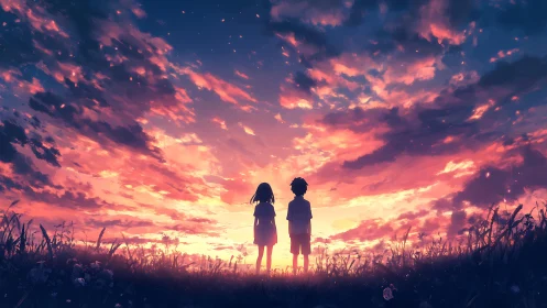 Anime sunset horizon with silhouetted children in field panorama.