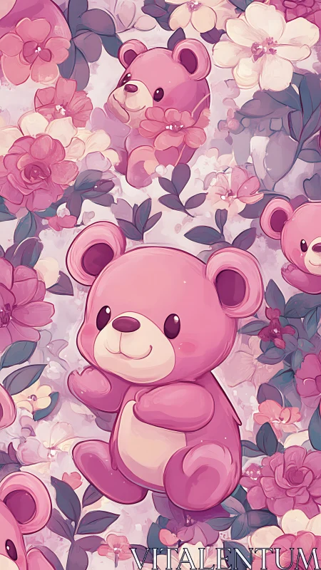 Pink kawaii teddy bear pattern with pastel floral background.