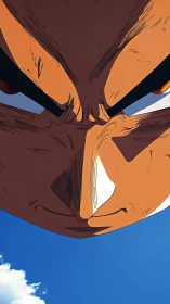 Intense anime warrior close-up looming over clear sky.