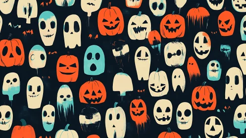 Playful Halloween ghosts and pumpkins share a spooky smile