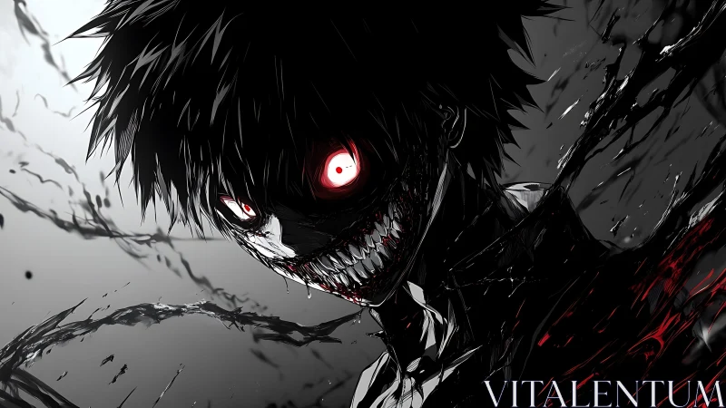 Grinning void-eyed fiend erupts from ink-slashed shadows