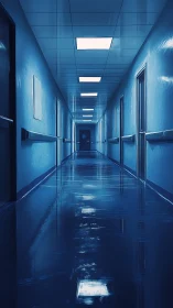 Sterile hospital corridor with blue fluorescent lighting and glossy floor