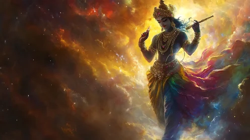 Divine celestial figure in iridescent nebula with flowing drapery.