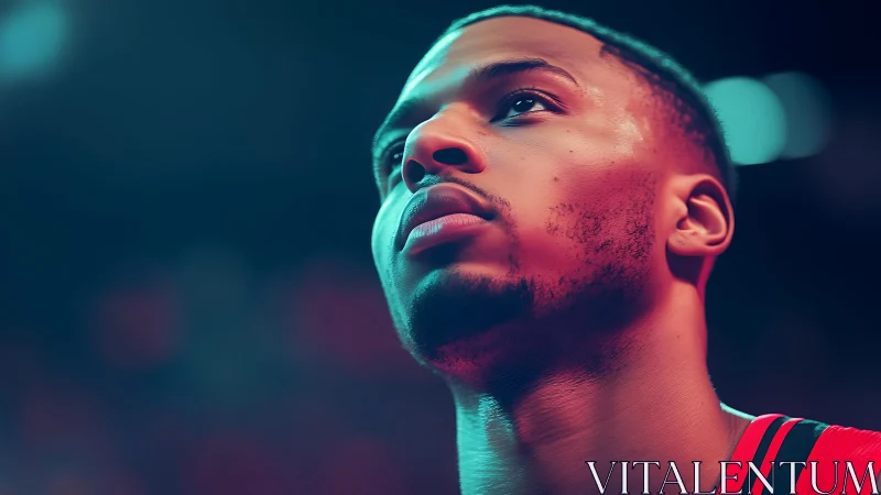 Arena-lit baller gazes upward in neon-tinted focus.