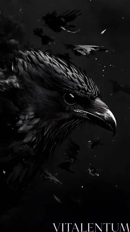 High-contrast monochrome raven portrait with dispersing plumage