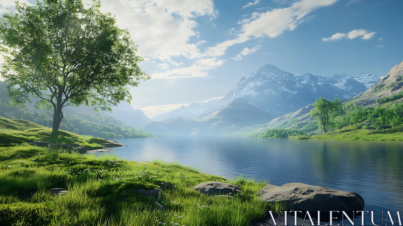 Mountain lake hush under bright wandering morning skies.