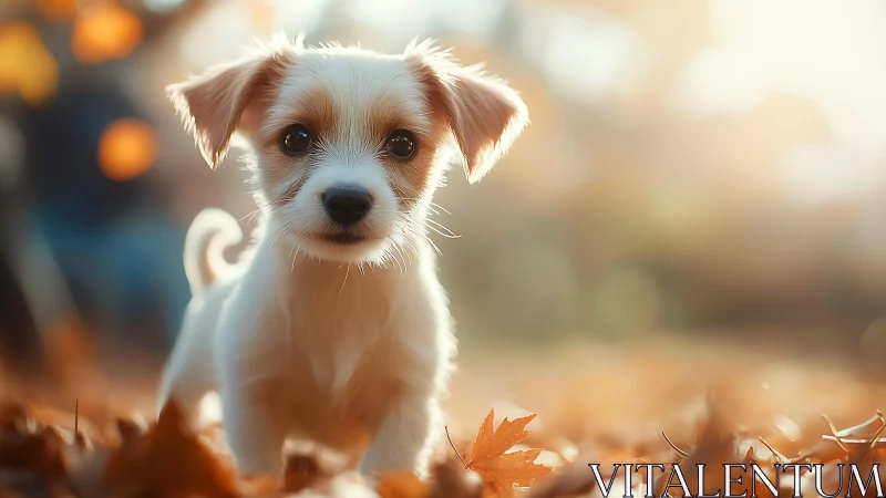 Golden autumn puppy gazes softly into warm evening light.