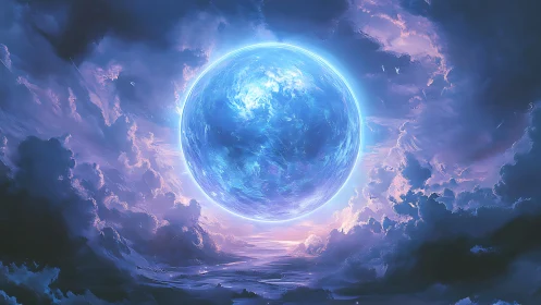 Luminous blue sphere suspended in turbulent cosmic clouds.