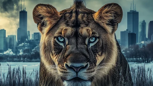Lioness with blue eyes faces urban skyline backdrop.
