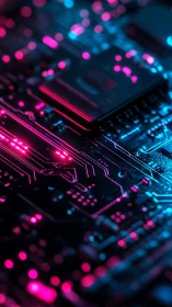 Neon illuminated PCB macro with shallow depth circuitry focus
