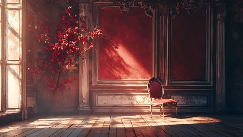 Sunlit red salon chair anchors a decaying neoclassical interior