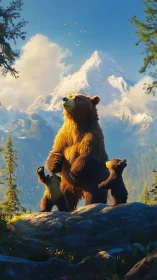 Mother bear and cubs in bright alpine mountain landscape.
