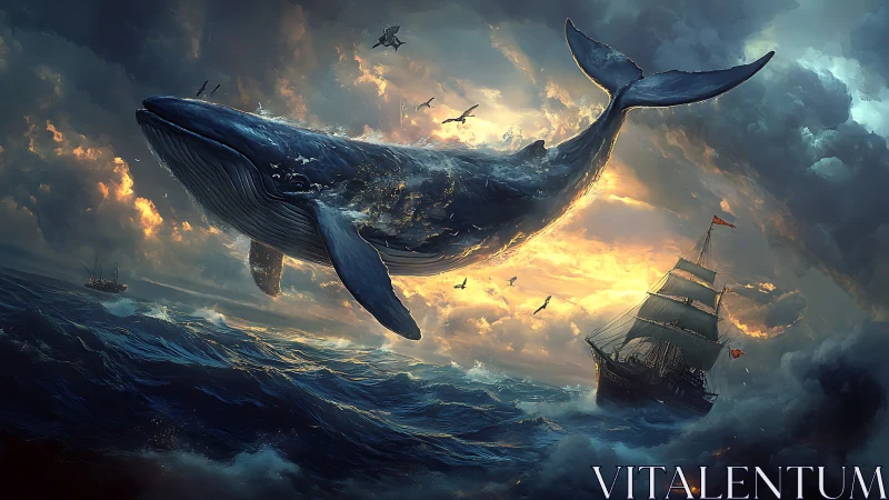 Colossal whale breaching above storm-tossed tall ship seascape.