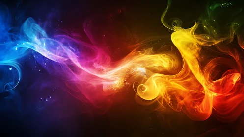 Multicolored luminous smoke-like streams on dark background.