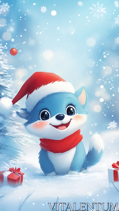 Digital painting of festive blue fox in snowy Christmas scene.