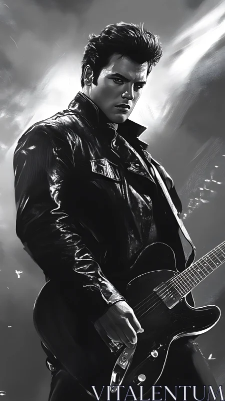 Monochrome digital portrait shows guitarist in leather jacket