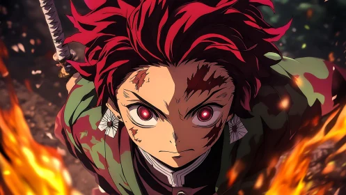 Intense red eyed swordsman framed by dynamic foreground flames
