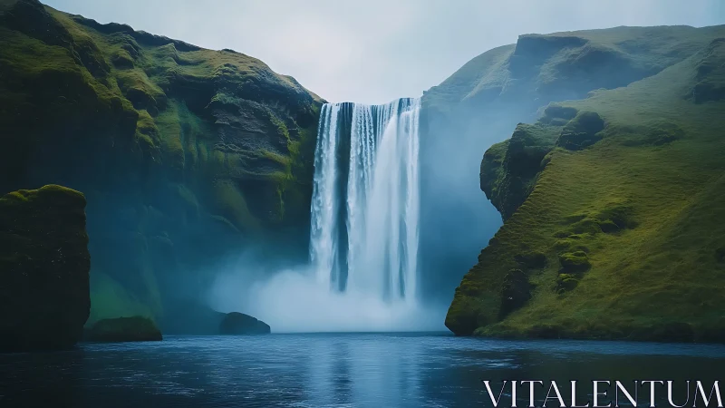 Thunderous emerald waterfall pouring into misted stillness.