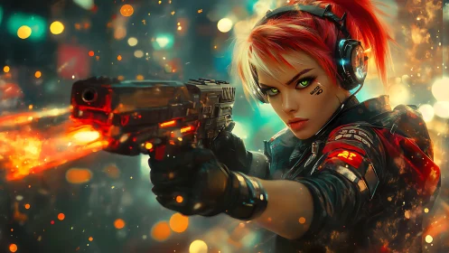 Neon-eyed cyber huntress unleashing fire in the rainstorm night.