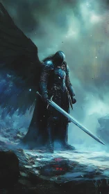 Armored winged warrior with sword in cold misty landscape.