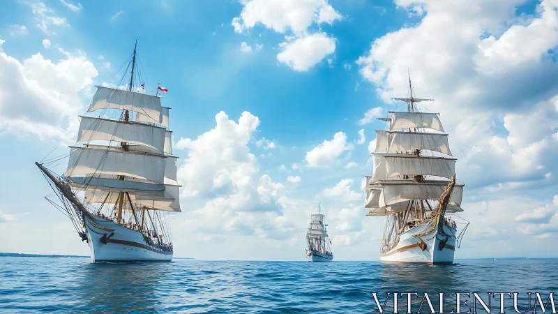 Three tall sailing ships move across a calm open sea