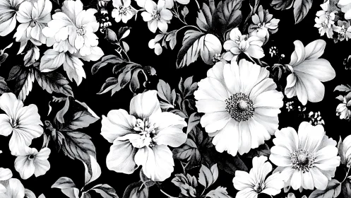 Black and White Floral Pattern with Detailed Botanical Elements