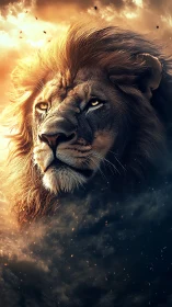 Storm crowned lion king gazing through embers and dusk.