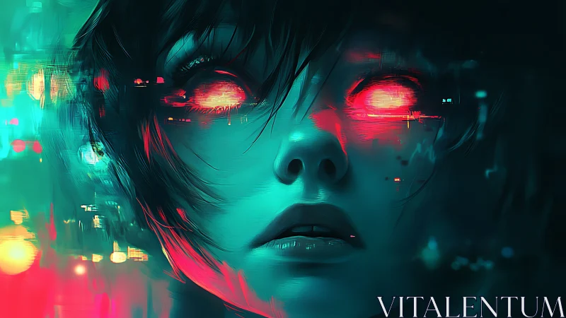 Neon-lit cybernetic portrait with glowing red ocular implants.