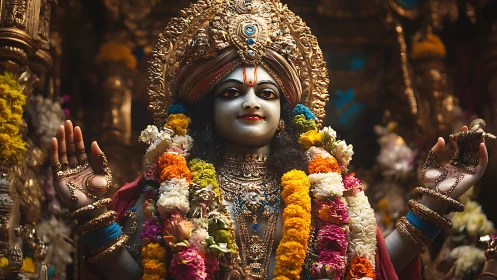 Gilded Hindu deity statue adorned with vivid floral garlands.