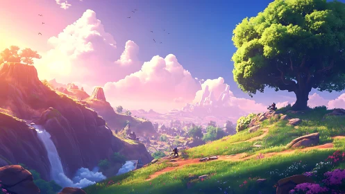 Sunlit fantasy valley with waterfall and lone hero under tree.