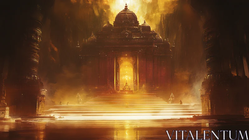 Golden temple throne glows within a vast mystical cavern
