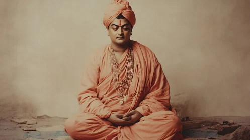 Serene monk in saffron robes rests in peaceful meditation