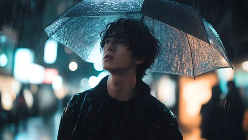 Young man under clear umbrella in neon city rain