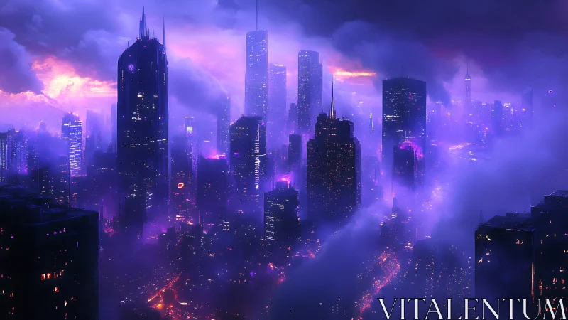 Neon cyberpunk skyline under violet storm clouds.