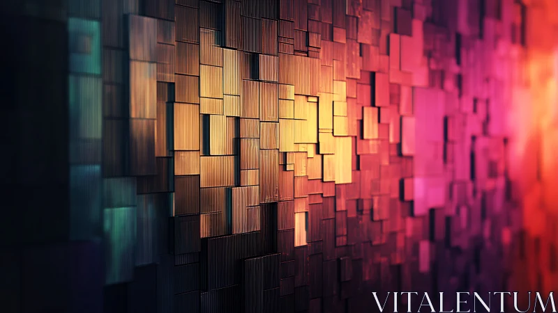 Luminous geometric wall in warm gradient blocks digital art.