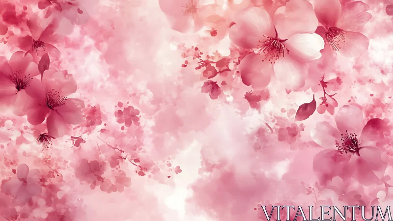 Soft pink floral dreamscape with ethereal petals floating.