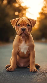 Brown puppy sits on asphalt road in backlit sunset scene