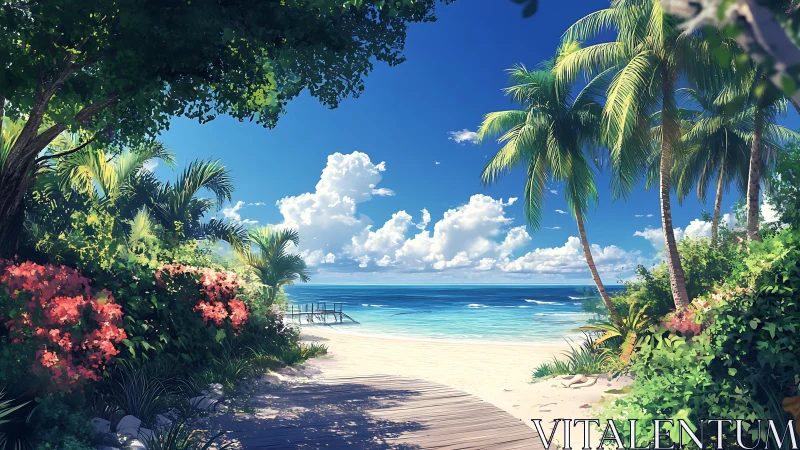 Tropical Paradise Beach Sanctuary With Palm Trees and Coral Blooms.