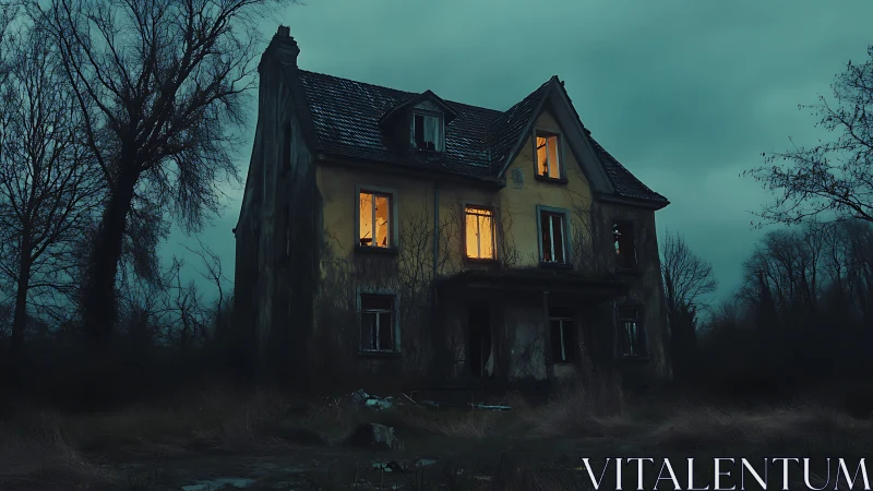 Derelict gabled manor with anomalous interior illumination.